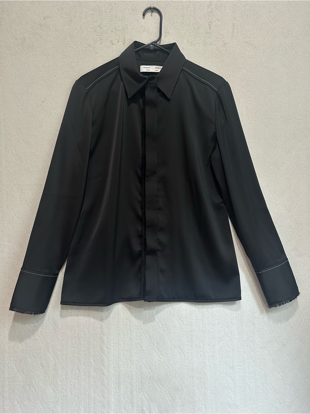 NWT Women Proenza Schouler Black Satin Long-Sleeve Fringe-Trim Dress Shirt Sz 10